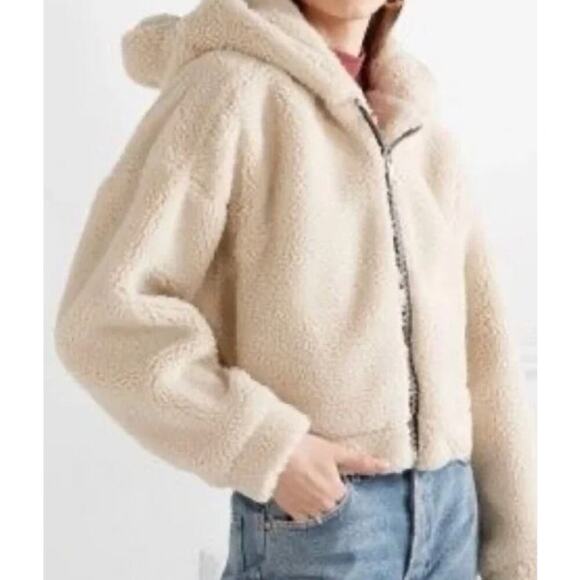 Re/Done Teddy Bear Ears Hoodie Womens Size S Tan Sherpa Full Zip Cropped